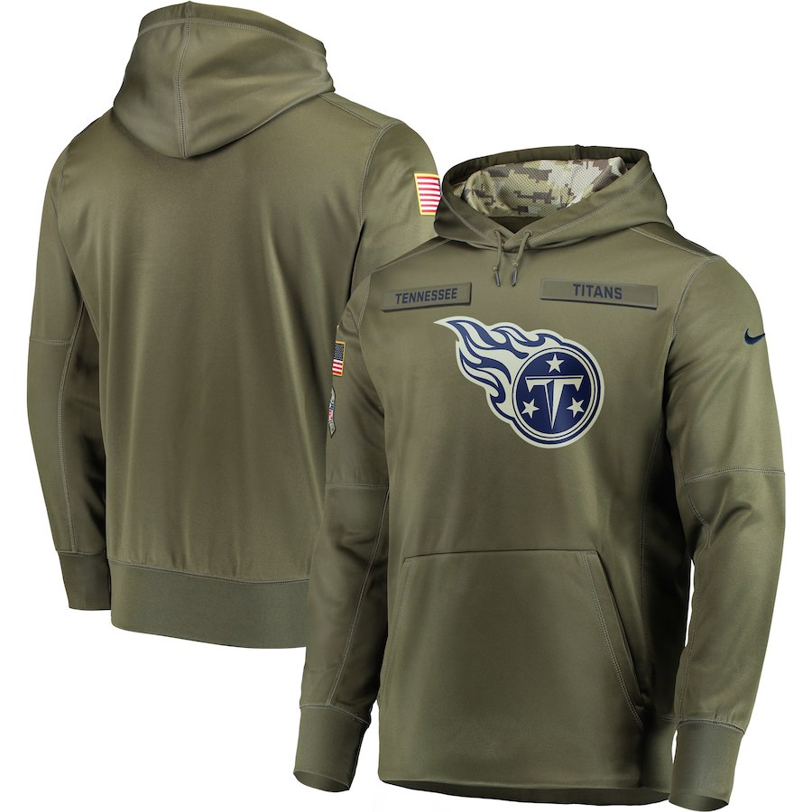 Men's Tennessee Titans 2018 Olive Salute to Service Sideline Therma Performance Pullover Stitched Hoodie